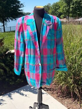 Bright Plaid Button-Up Shirt in Turquoise & Pink